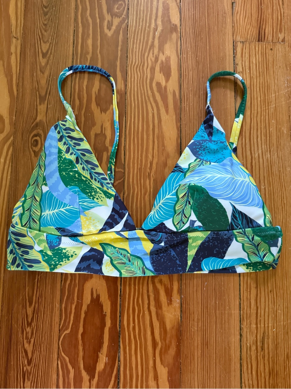 Aerie Women's Triangle Bikini Top Blue Green Patterned Size Large EUC Longline